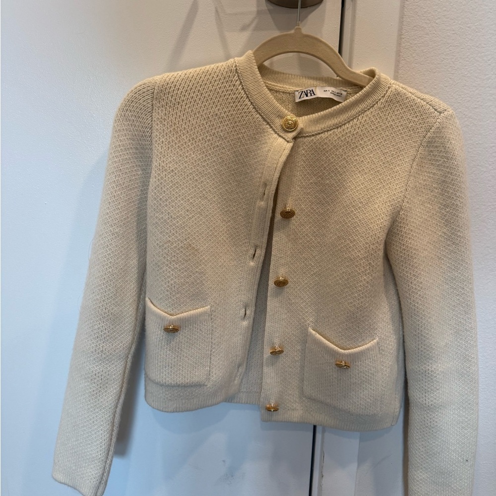 Zara Ivory Textured Cardigan with Gold Accents